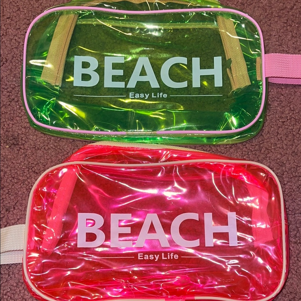 Transparent Beach Pouches - Green and Pink